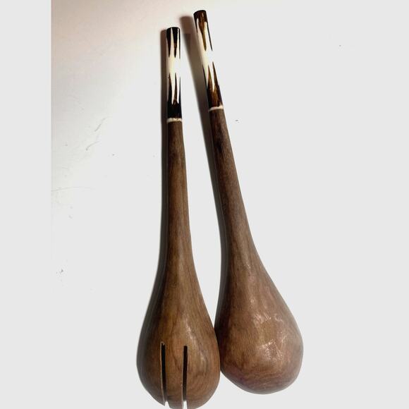 West Bone Inlay African Horn Handle Carved Wooden Serving Fork Spoon EUC elm - Picture 1 of 7